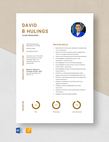 Free Flash Developer Resume Template - Word, Apple Pages