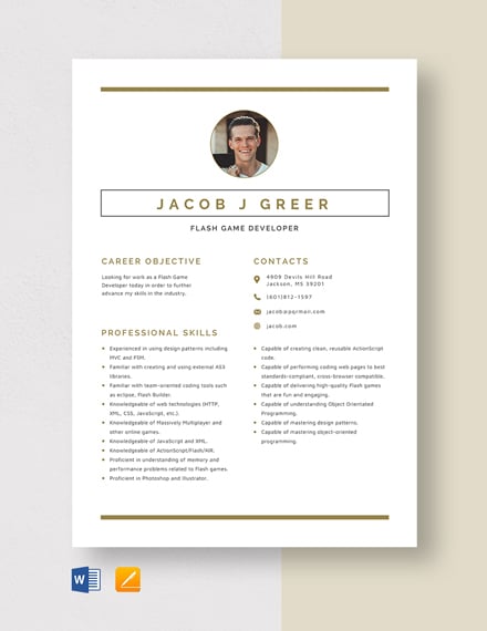 Free Flash Game Developer Resume Template - Word, Apple Pages