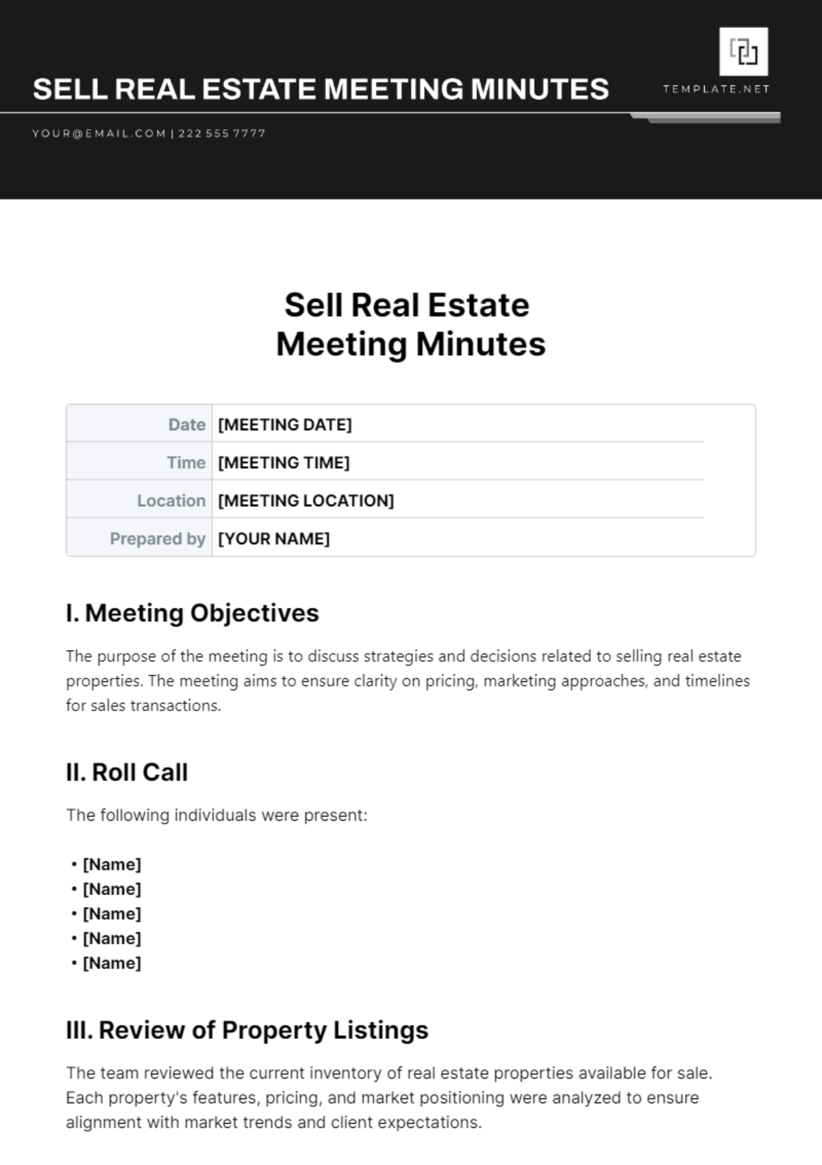 Sell Real Estate Meeting Minutes Template