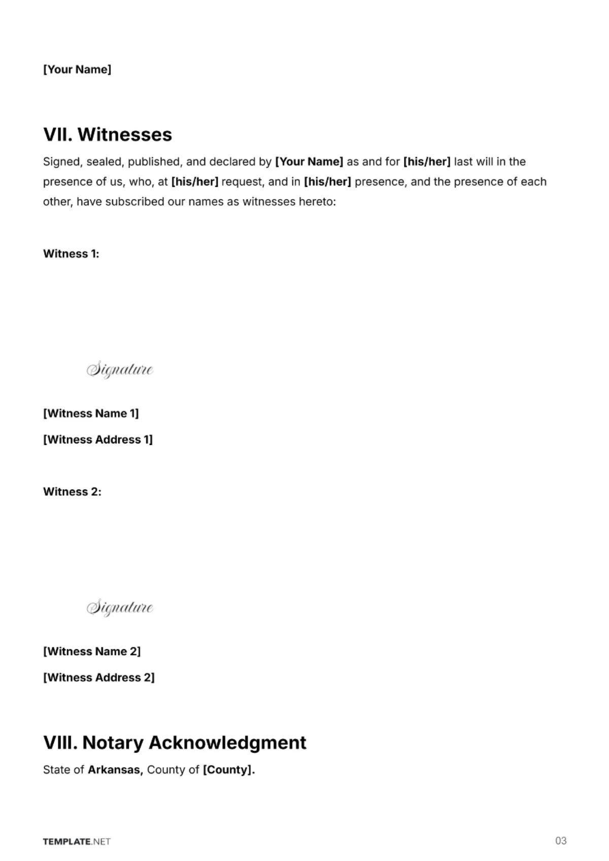 Free Arkansas Will Template to Edit Online