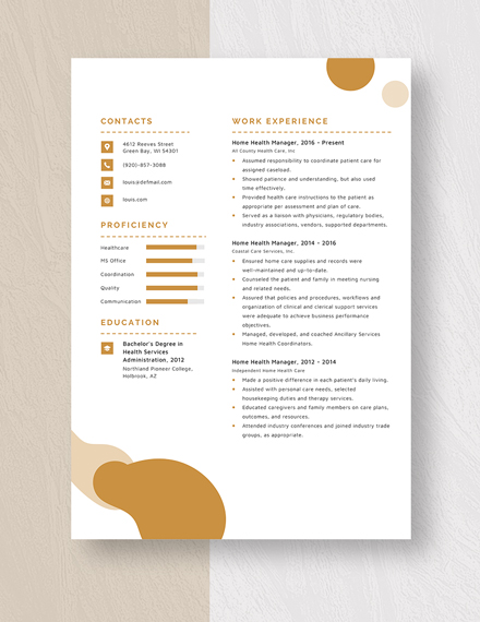 Home Health Manager Resume Template
