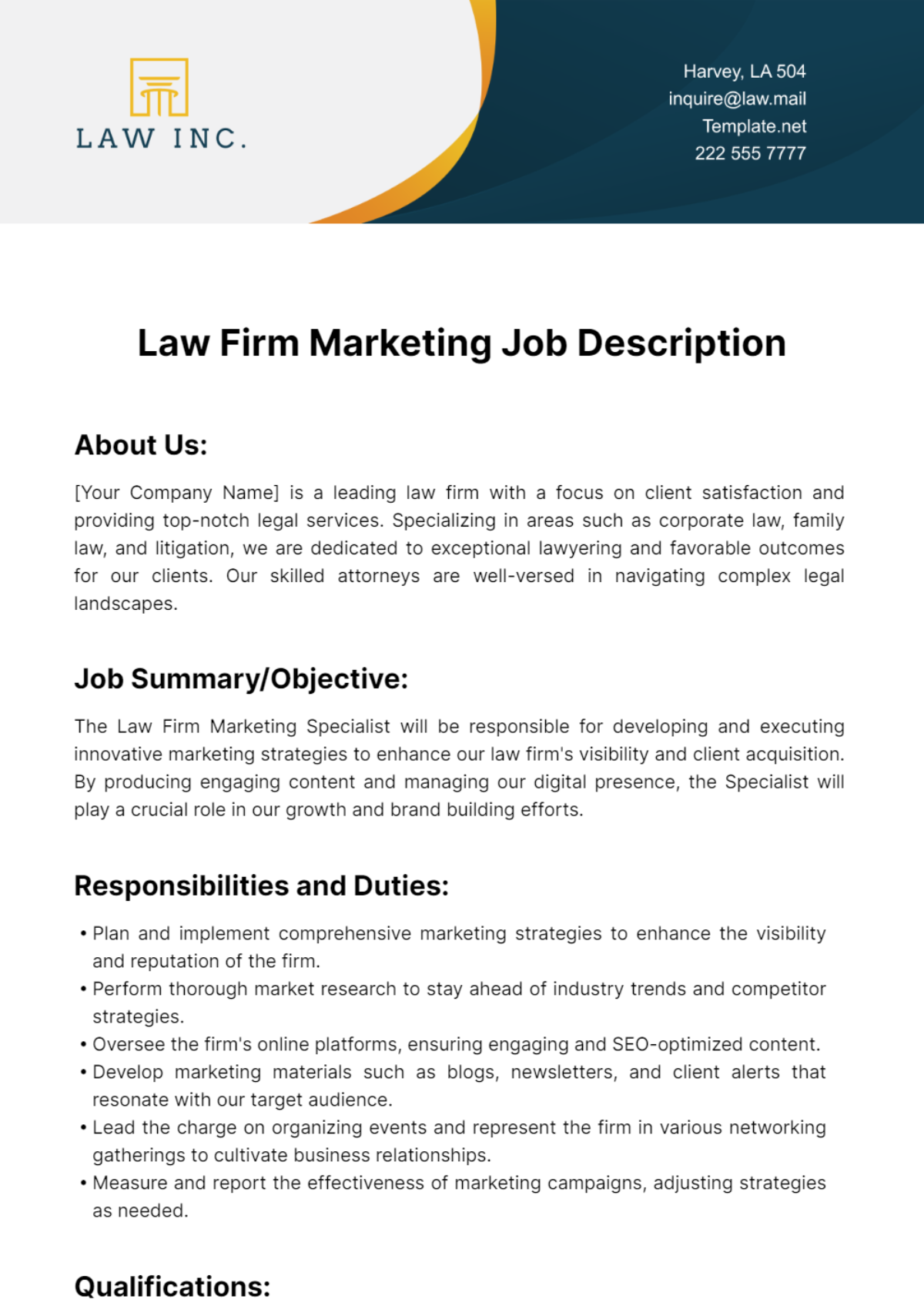 Free Law Firm Marketing Job Description Template