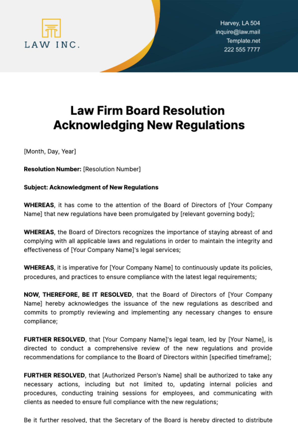Law Firm Board Resolution Acknowledging New Regulations Template