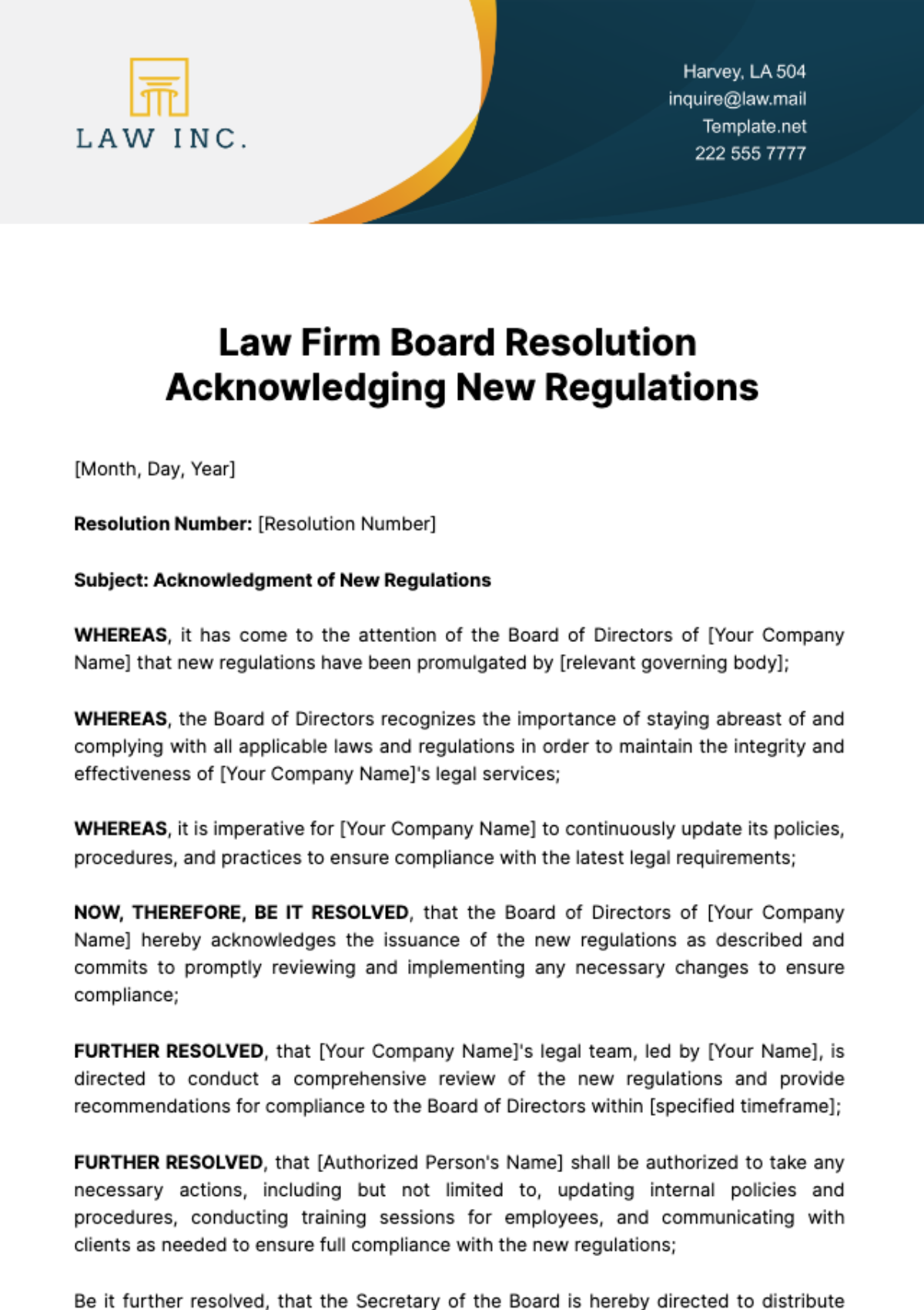 Law Firm Board Resolution Acknowledging New Regulations Template - Edit Online & Download