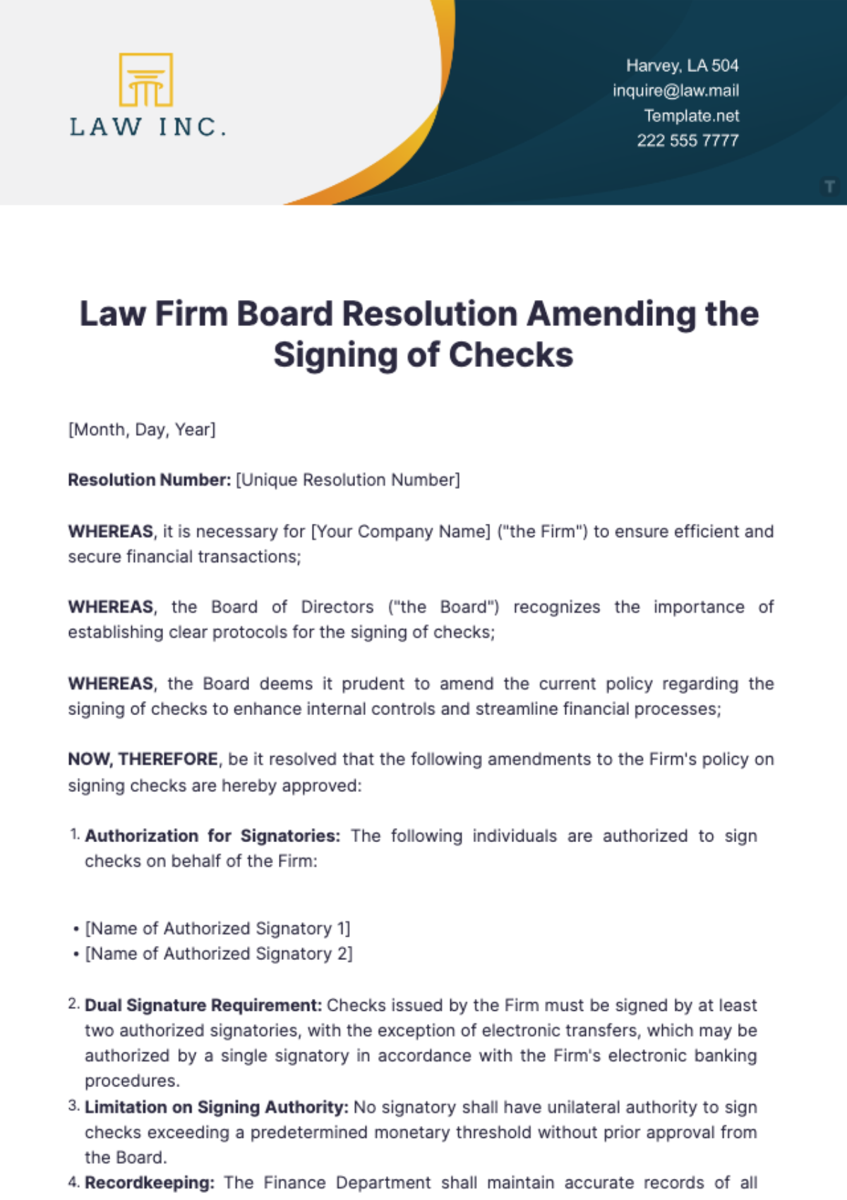 Law Firm Board Resolution Amending the Signing of Checks Template - Edit Online & Download