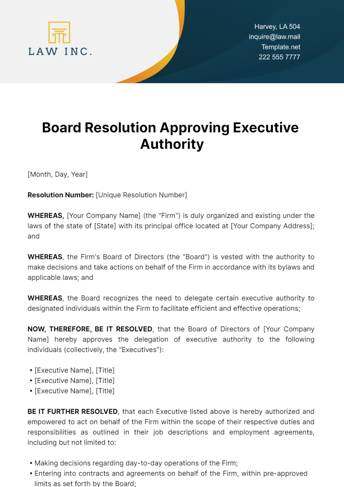 Law Firm Board Resolution Approving Executive Authority Template