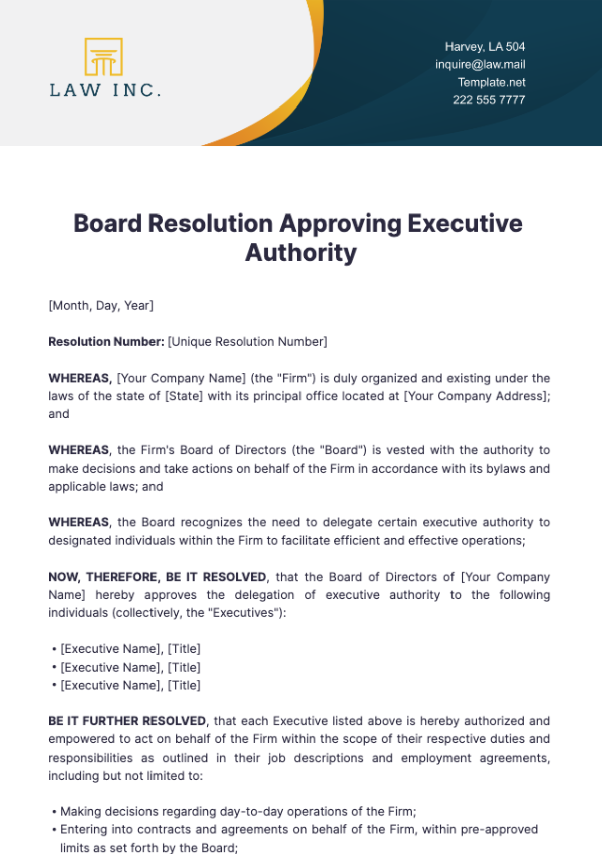 Law Firm Board Resolution Approving Executive Authority Template - Edit Online & Download