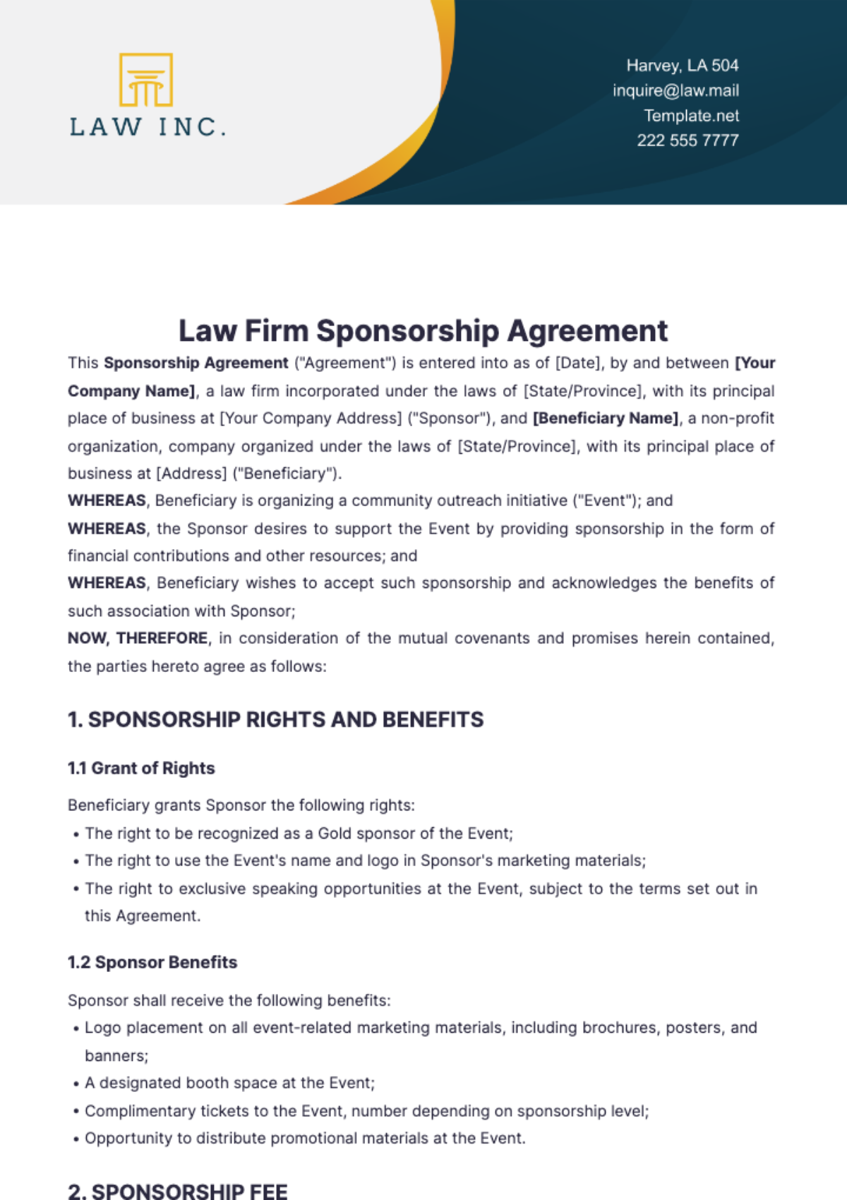 Law Firm Sponsorship Agreement Template - Edit Online & Download