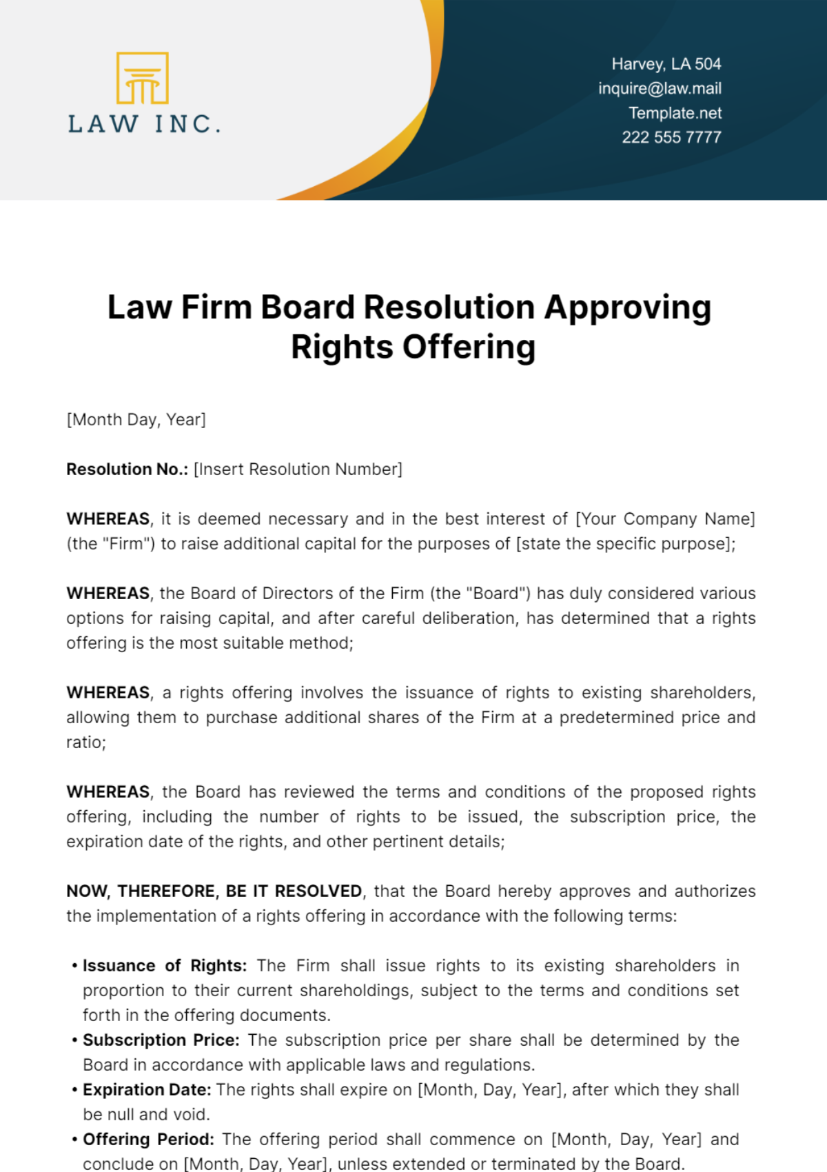 Law Firm Board Resolution Approving Rights Offering Template