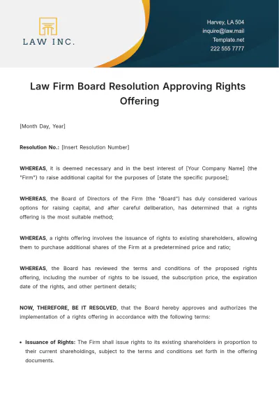 Free Law Firm Board Resolution Approving Rights Offering Template to Edit Online