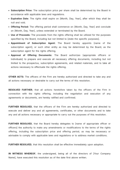 Free Law Firm Board Resolution Approving Rights Offering Template to Edit Online