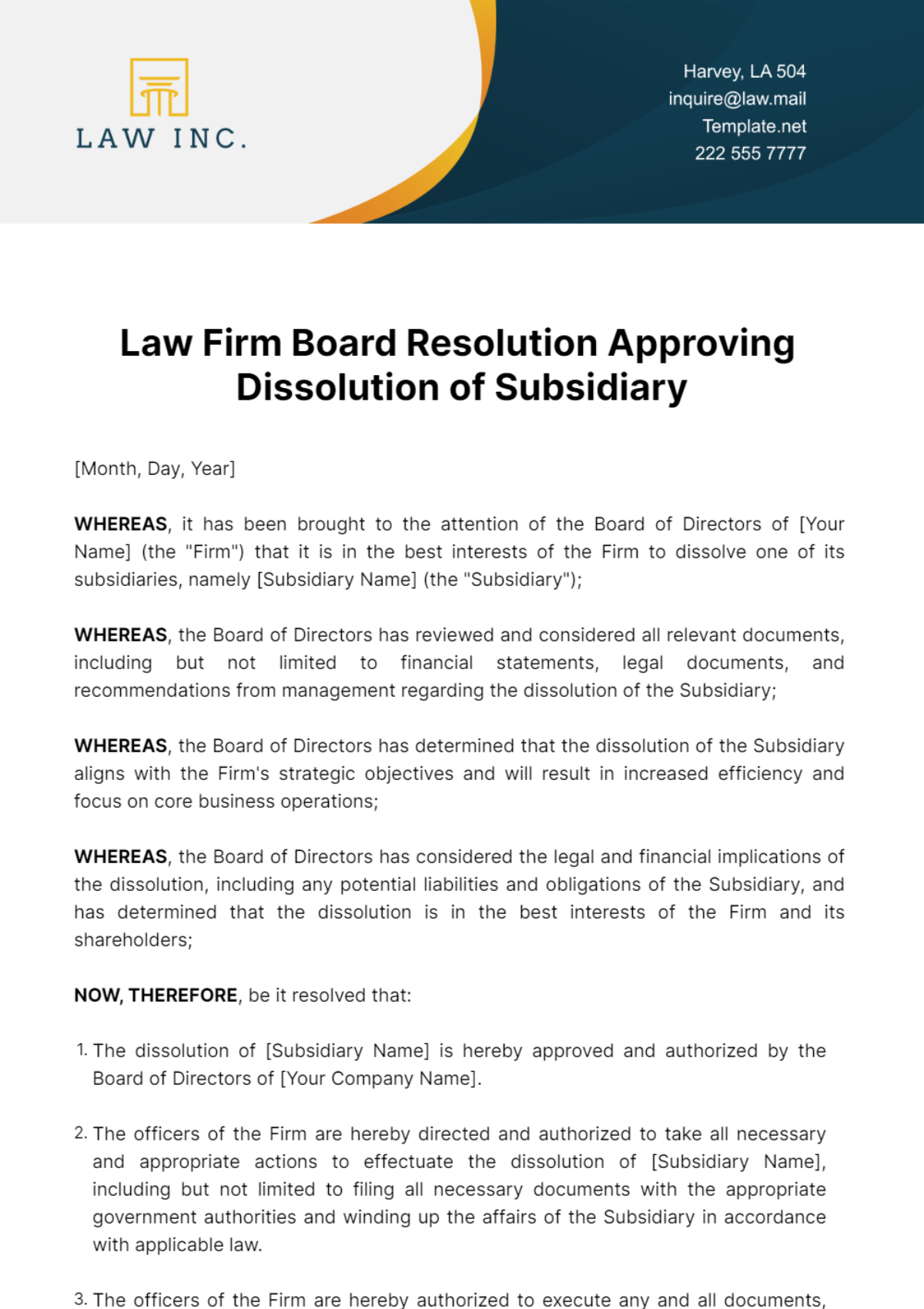 Law Firm Board Resolution Approving Dissolution of Subsidiary Template