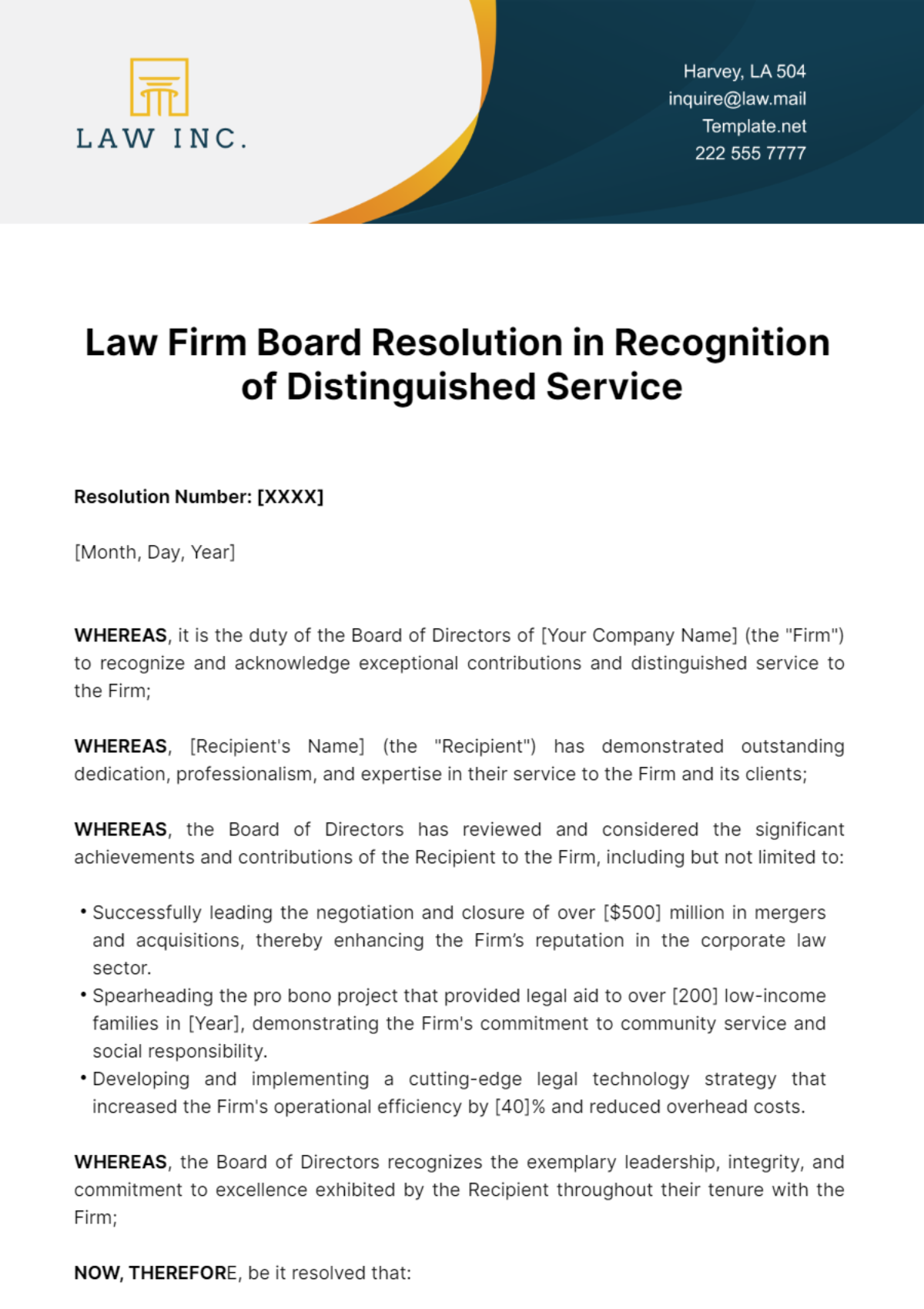 Free Law Firm Board Resolution in Recognition of Distinguished Service Template