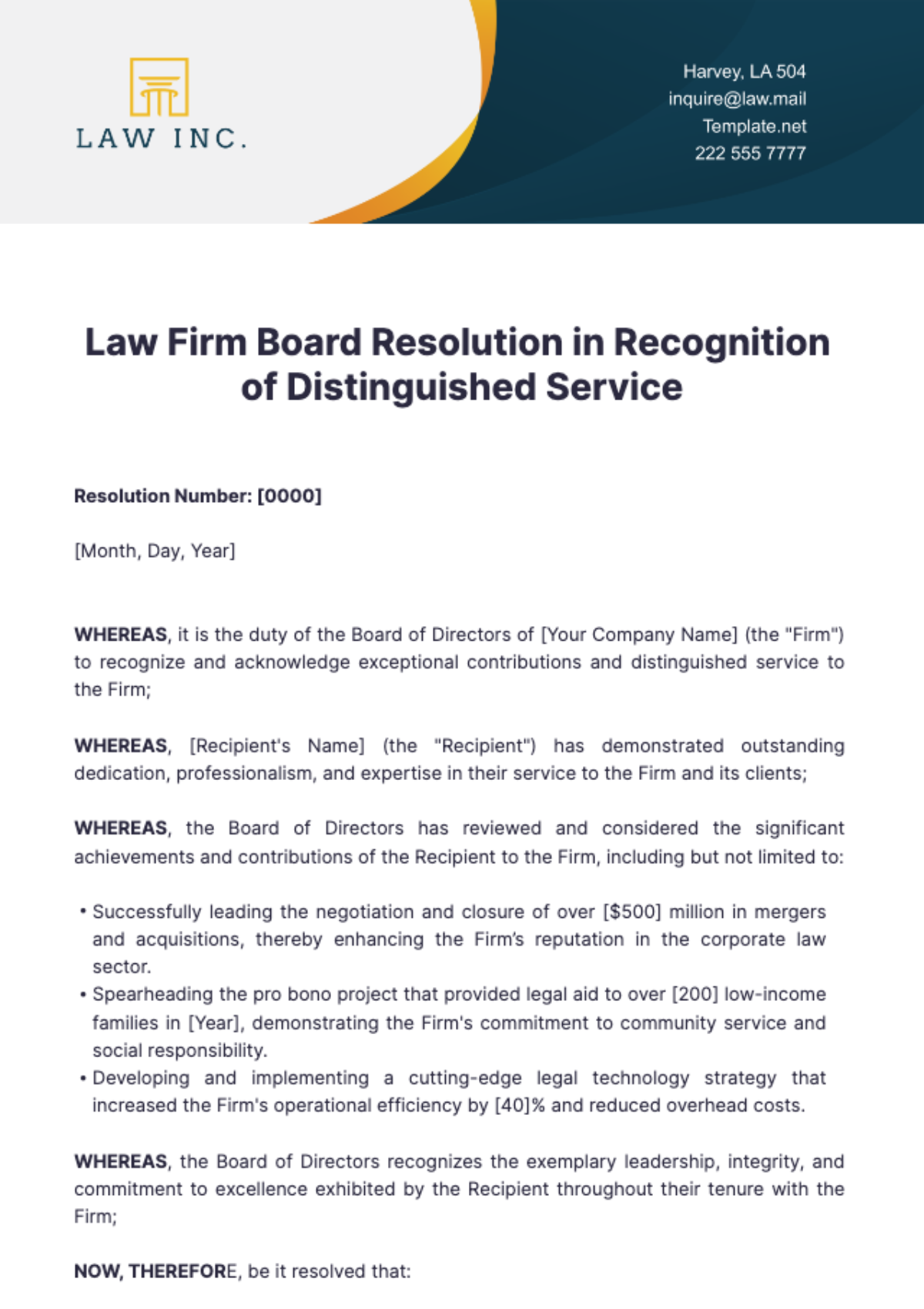 Law Firm Board Resolution in Recognition of Distinguished Service Template - Edit Online & Download