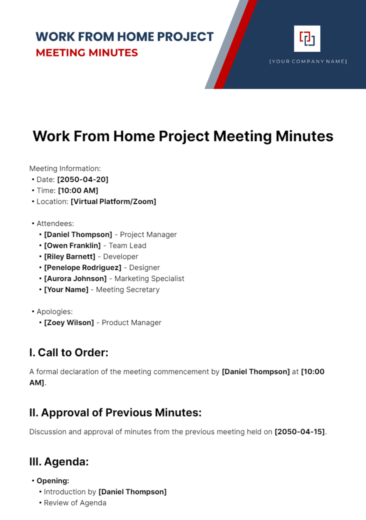 Work From Home Project Meeting Minutes Template