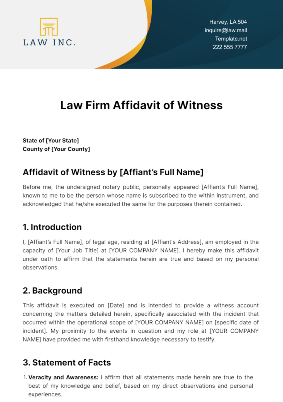Free Law Firm Affidavit of Witness Affidavit Testimony