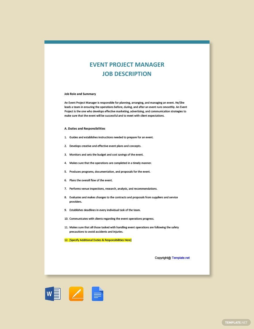 Event Manager Job Description Templates Documents Design Free 