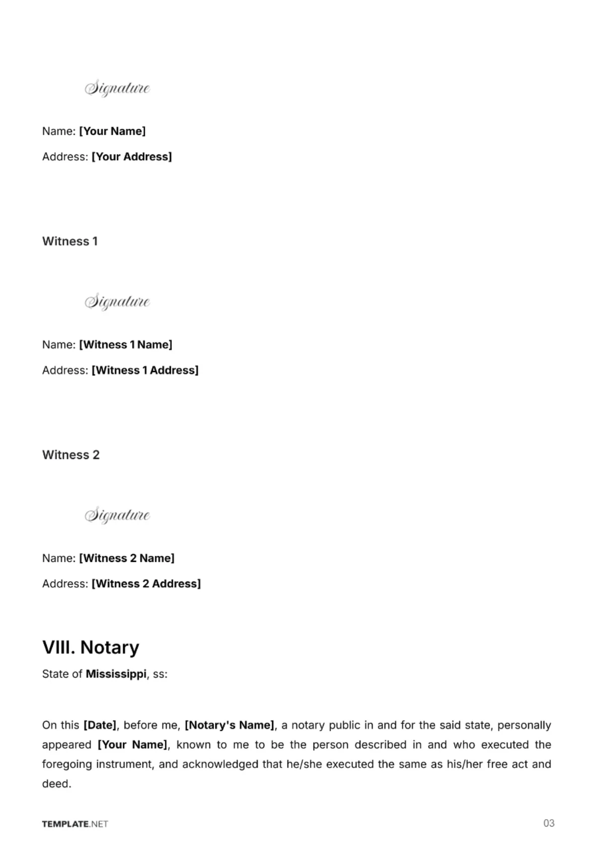 Free Mississippi Last Will and Testament Template to Edit Online