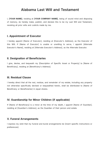 Free Alabama Last Will and Testament Template to Edit Online