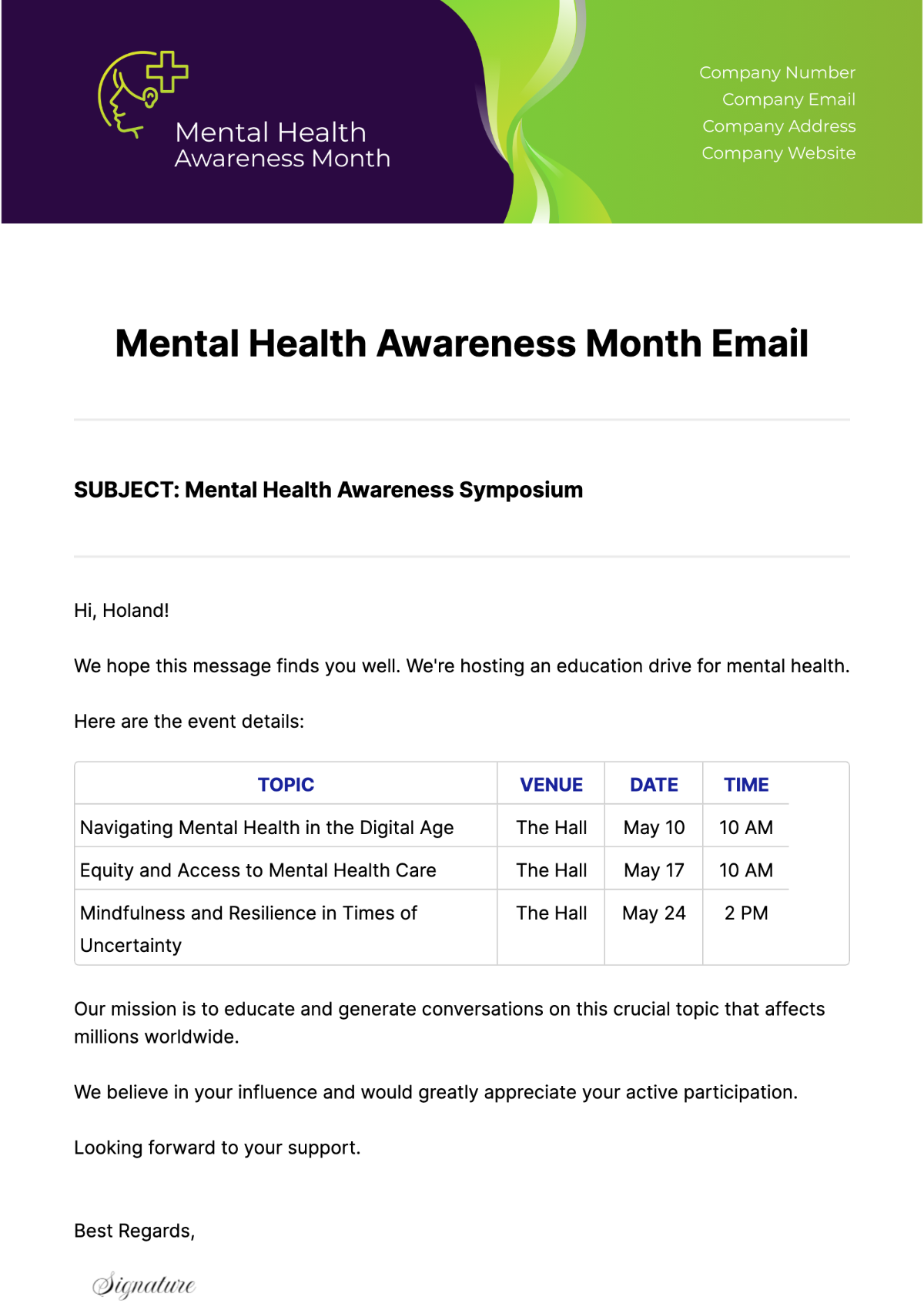 Free Mental Health Awareness Month Email Template