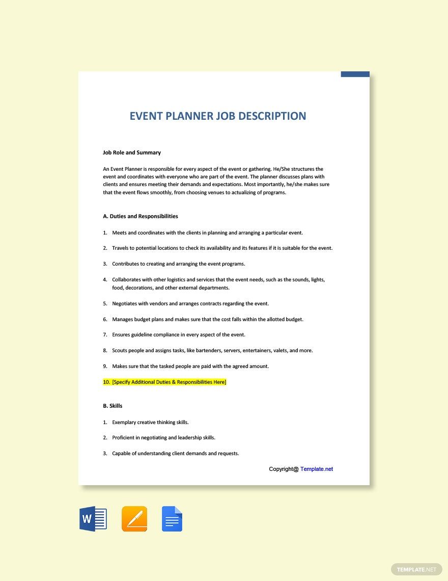 Event Planner Job Description Google Docs Word Apple Pages PDF 