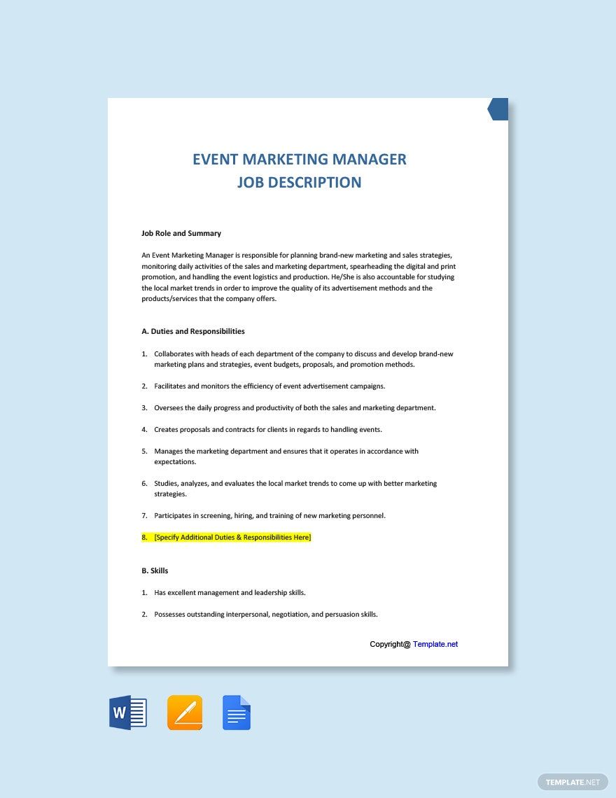 FREE Event Manager Job Description PDF Template Download Template