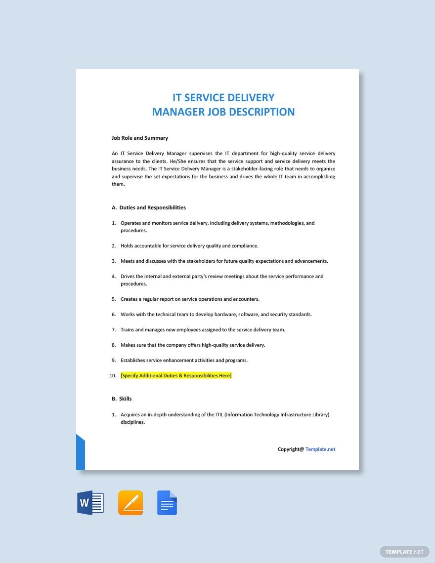 Free It Service Delivery Manager Job Description Template - Google Docs,  Word | Template.net