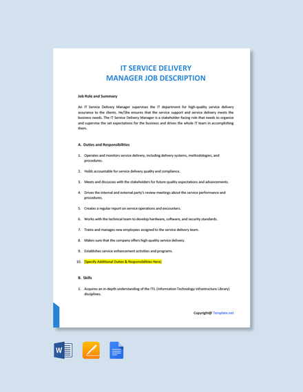 FREE IT Service Delivery Manager Job Description Word Google Docs 