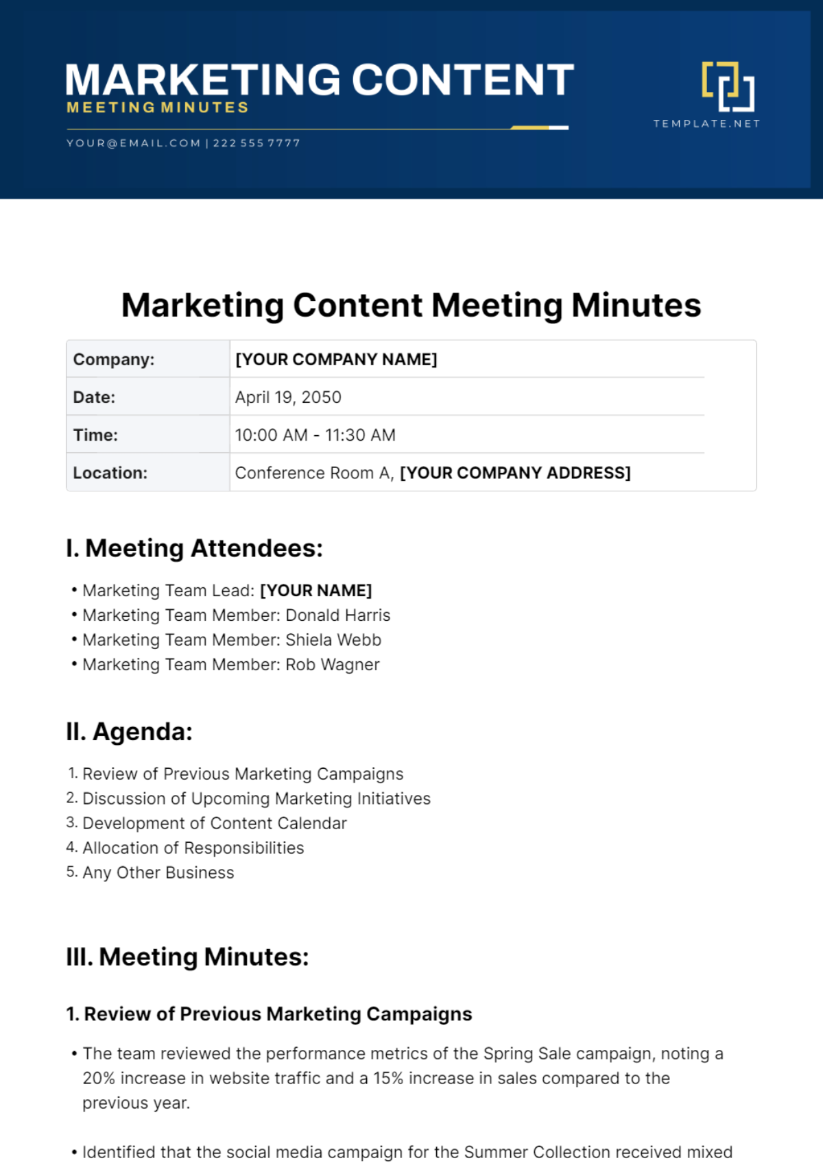 Marketing Content Meeting Minutes Template