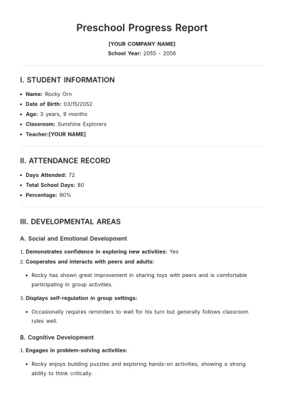 Free Preschool Progress Report Template to Edit Online