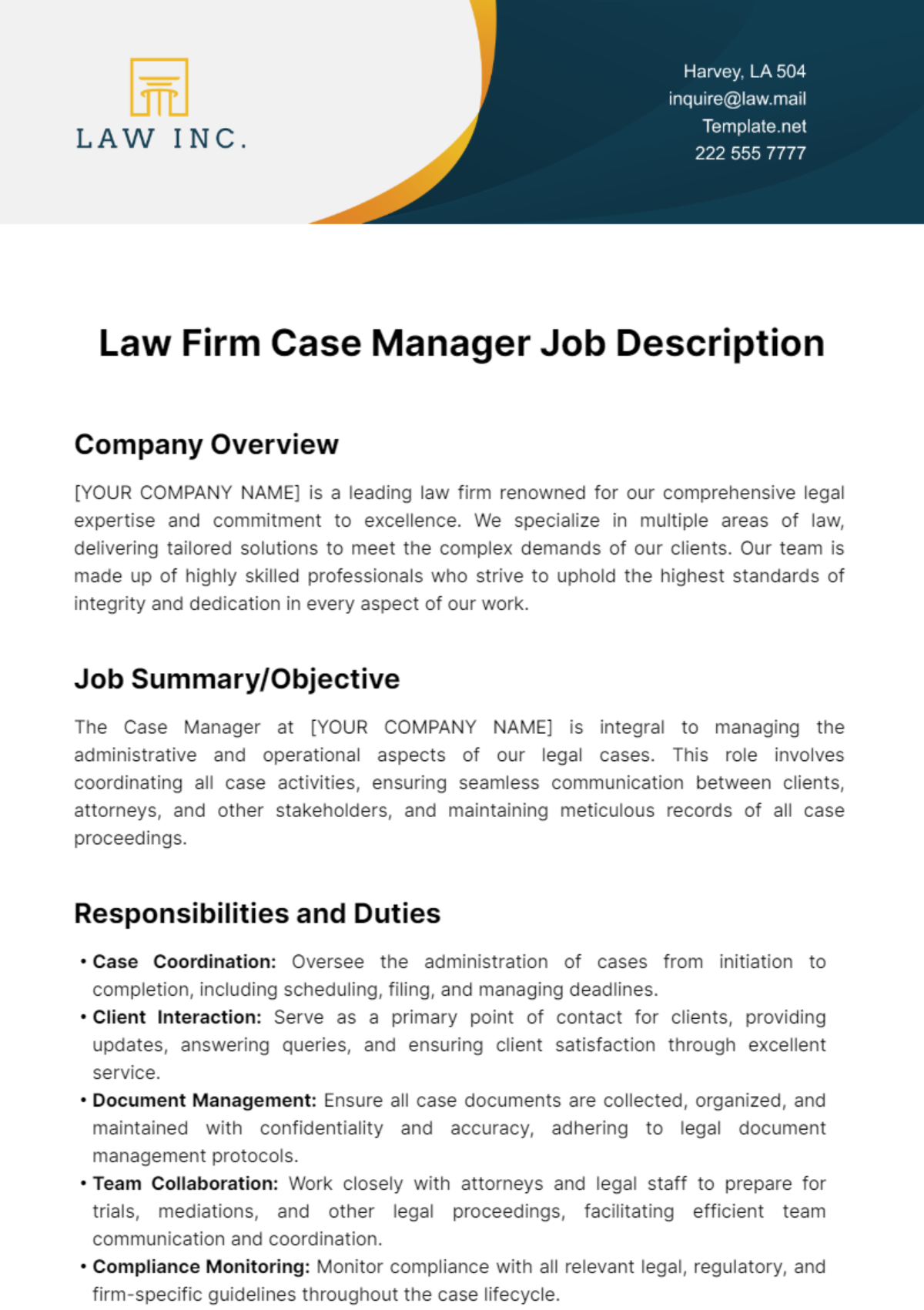 Free Law Firm Case Manager Job Description Template