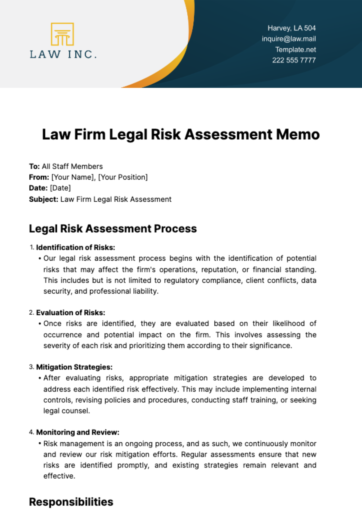 Law Firm Legal Risk Assessment Memo Template - Edit Online & Download