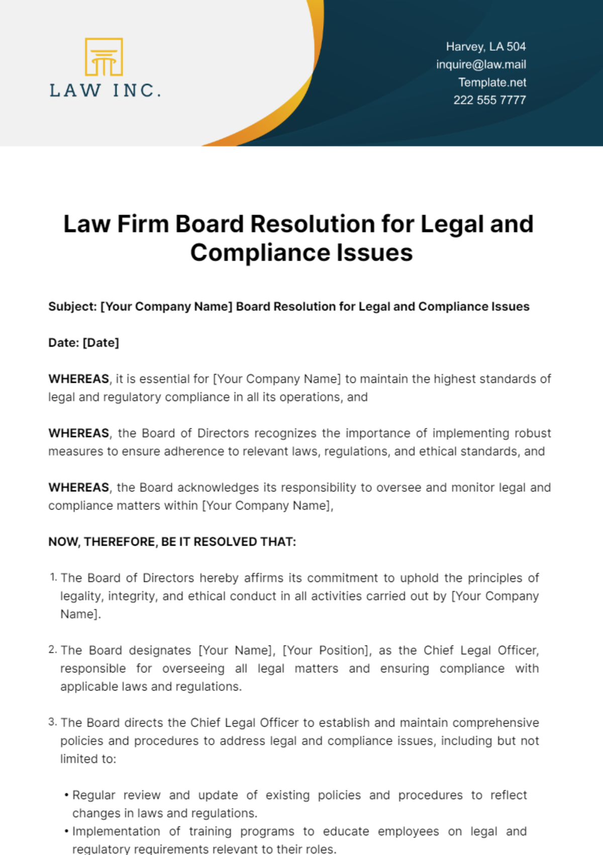Free Law Firm Board Resolution for Legal and Compliance Issues Template