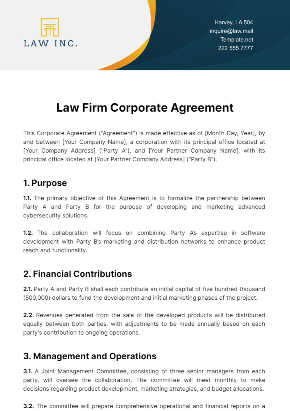 Free Law Firm Corporate Agreement Template