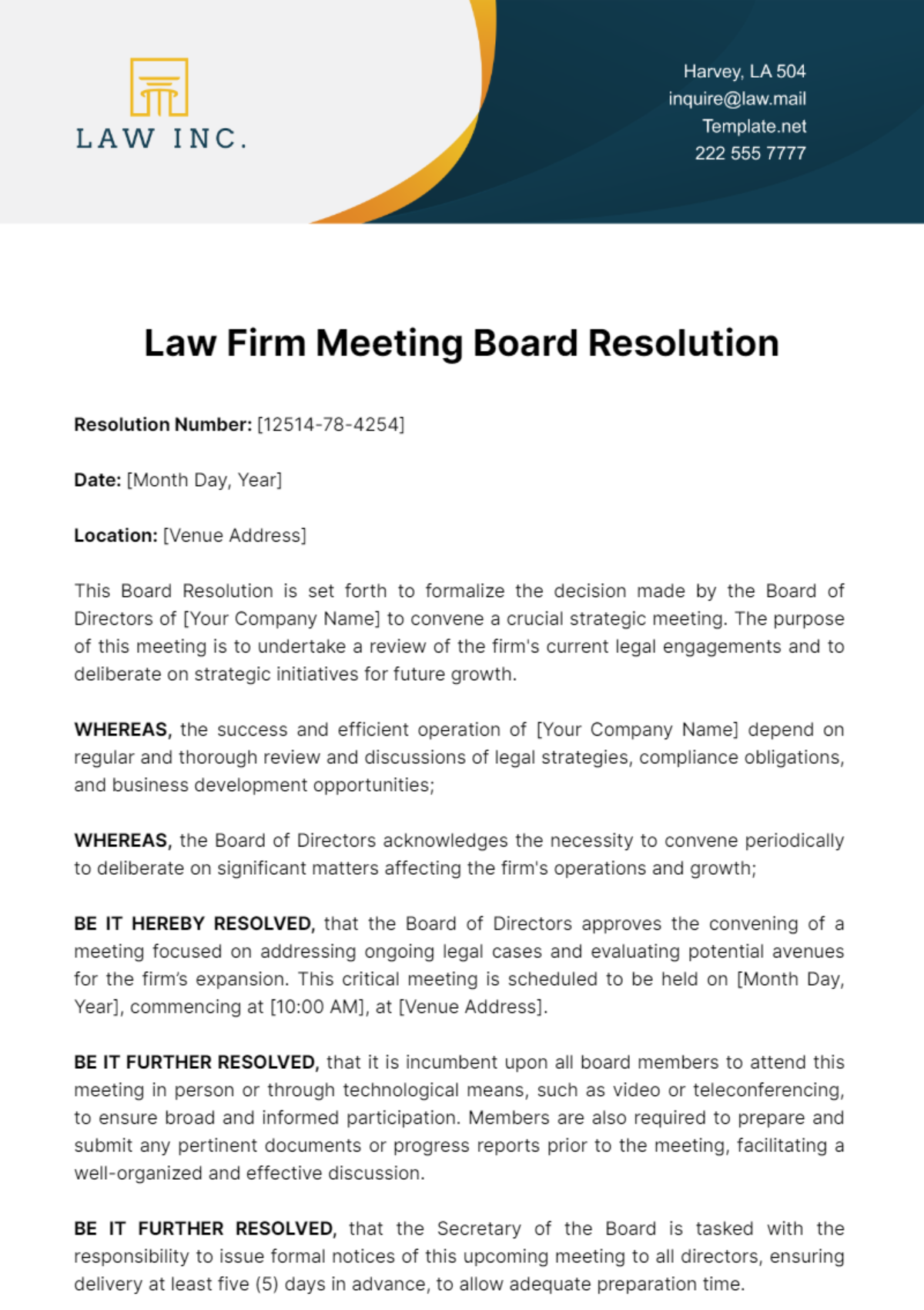 Law Firm Meeting Board Resolution Template
