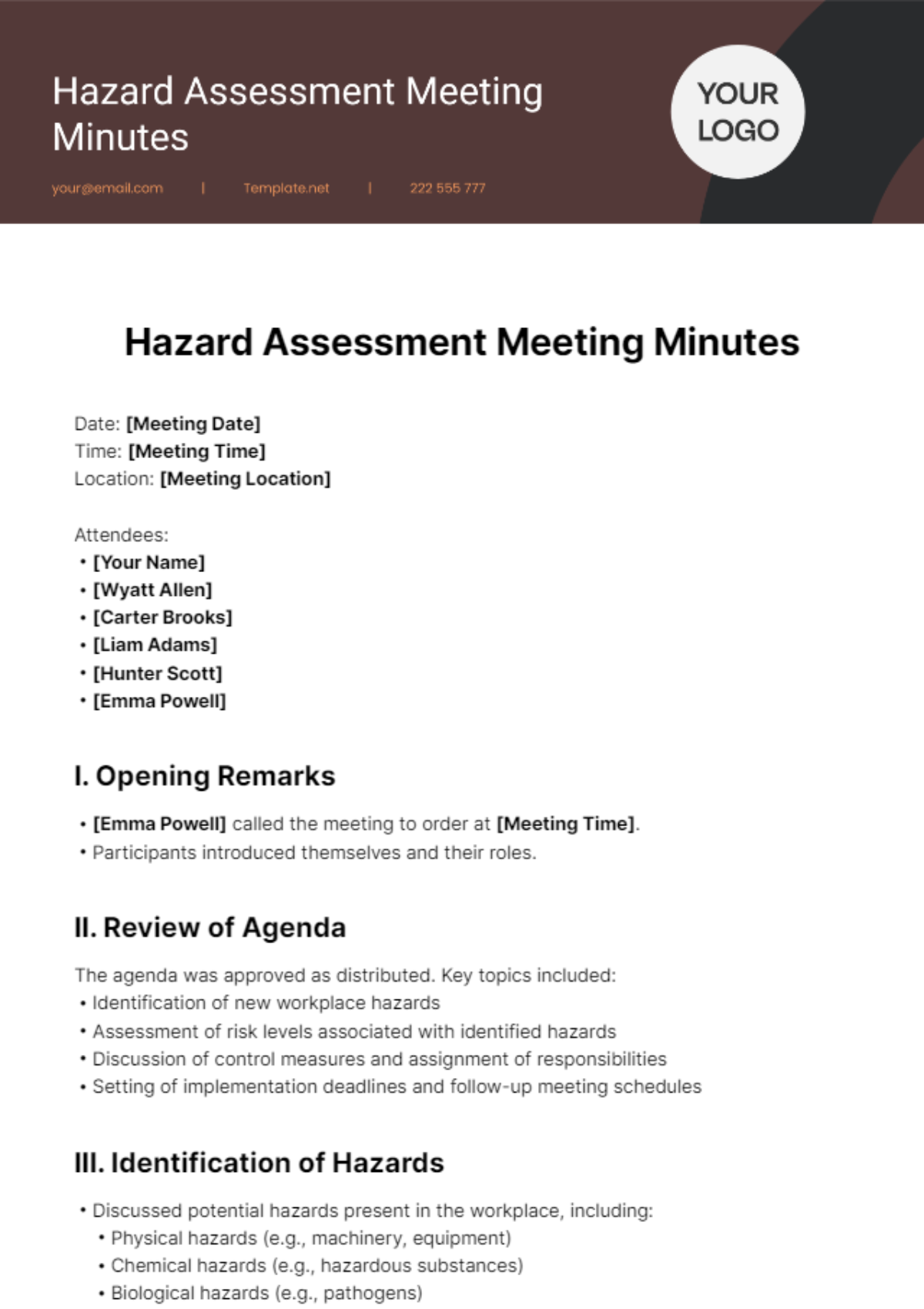 Hazard Assessment Meeting Minutes Template
