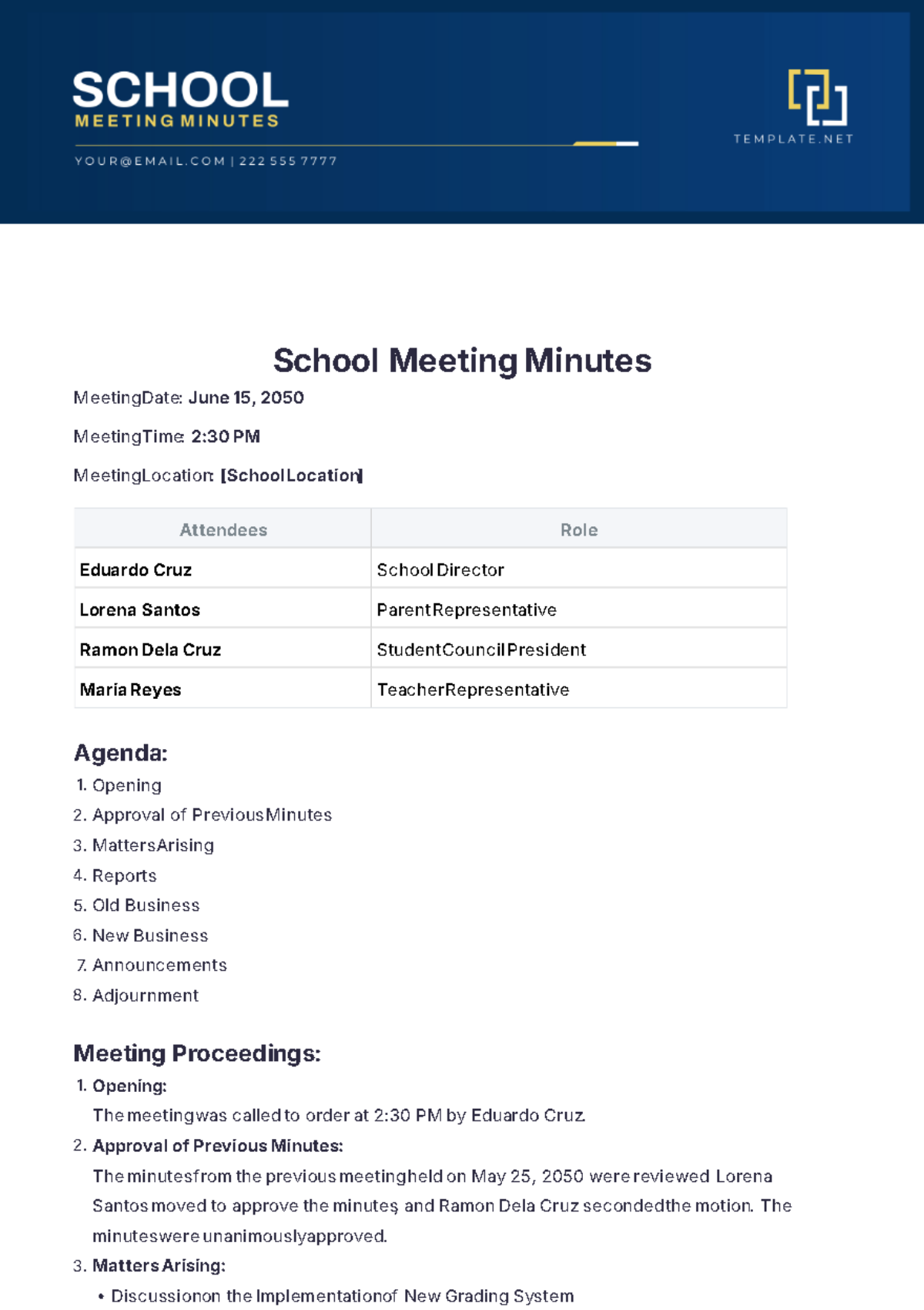 Professional School Meeting Minutes Template