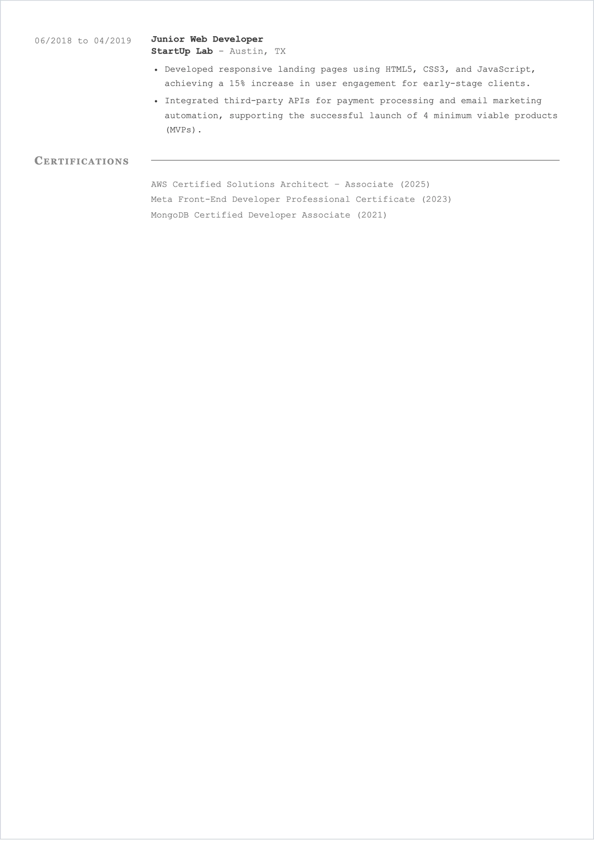 Free Web Development ATS Resume Summary Template, AI Resume Builder