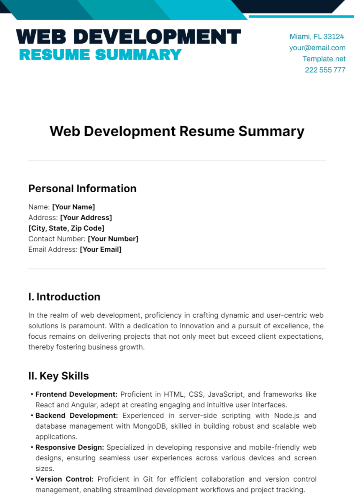 Web Development Resume Summary Template