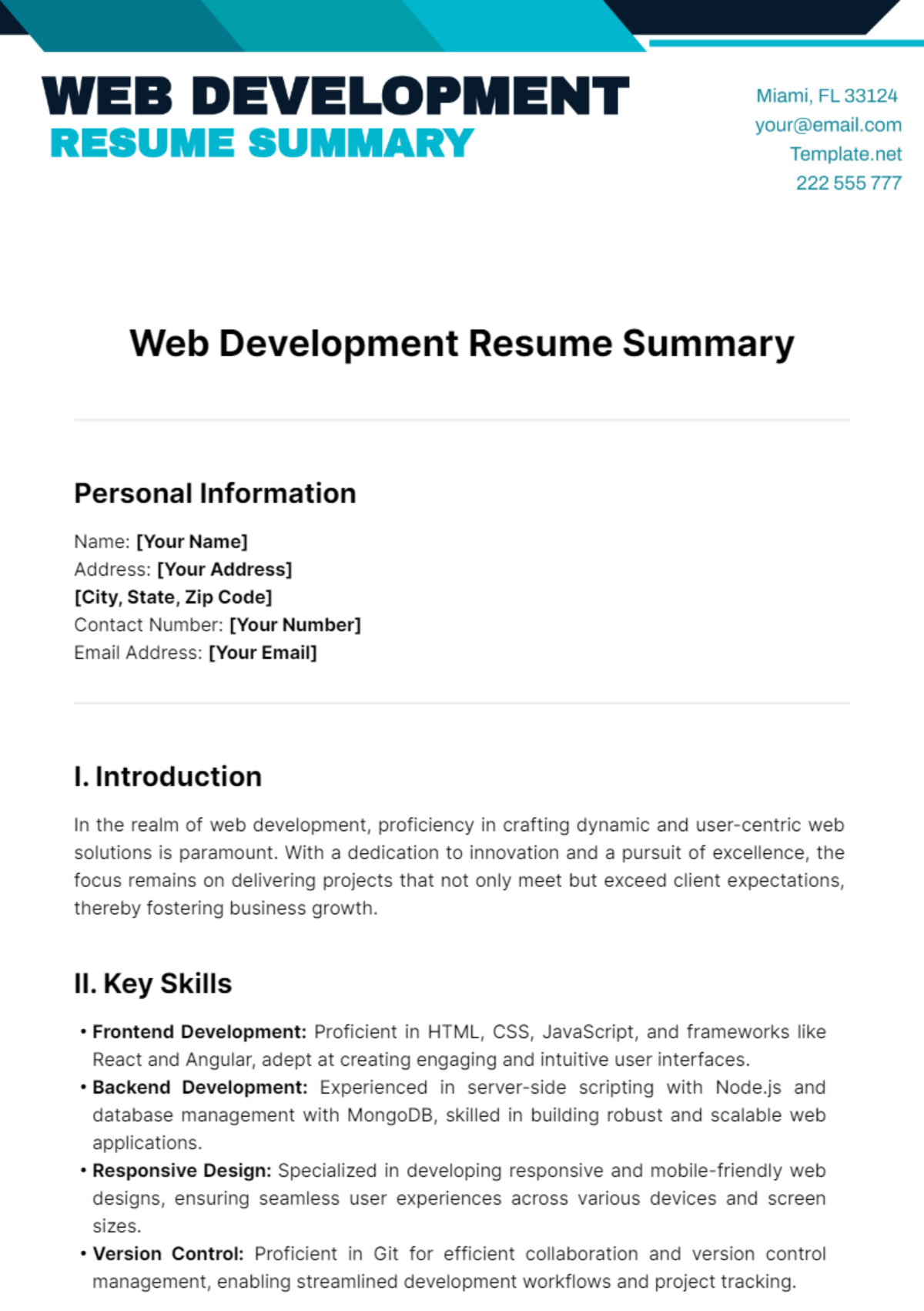 Web Development Resume Summary Template - Edit Online & Download