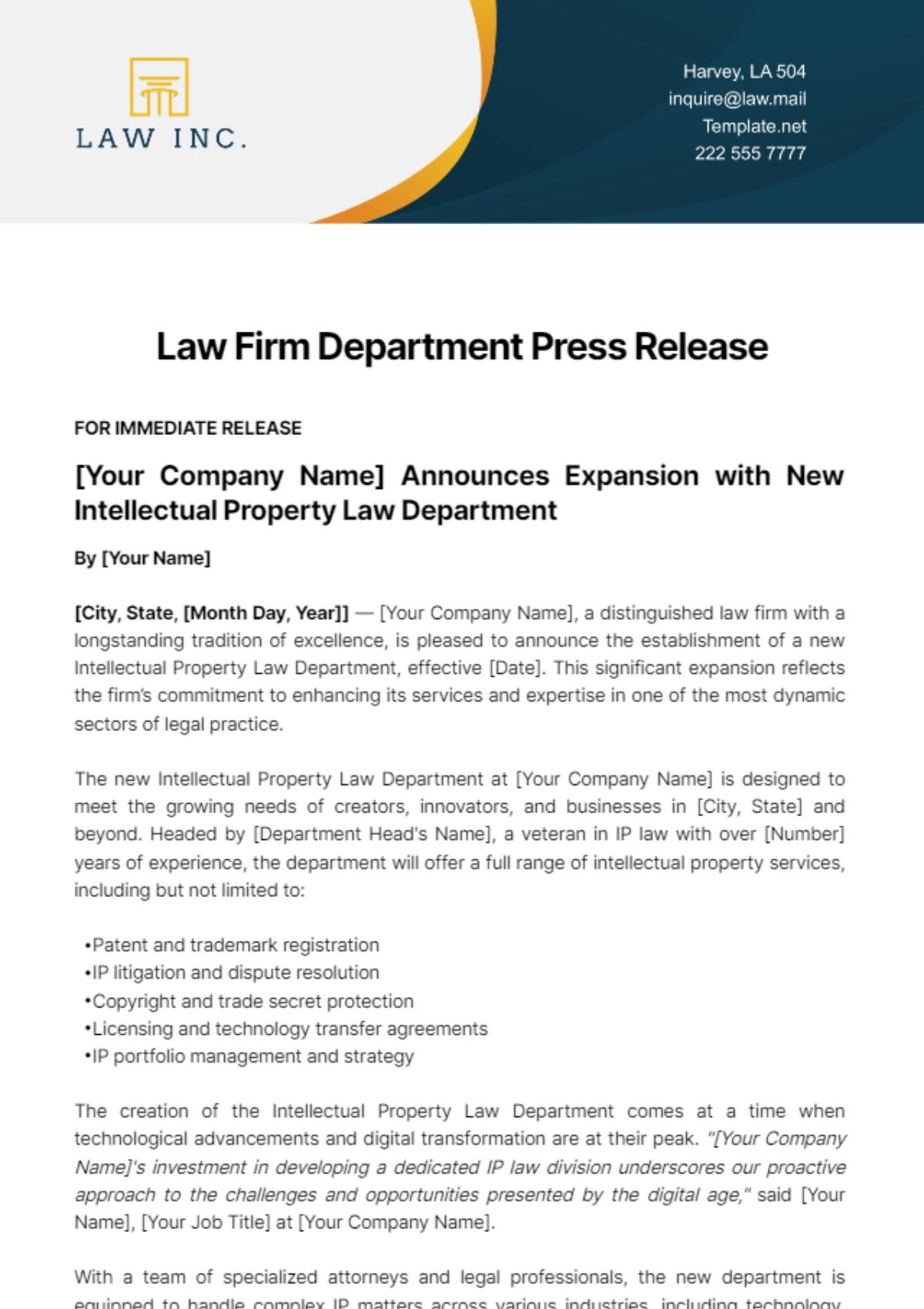 Law Firm Department Press Release Template