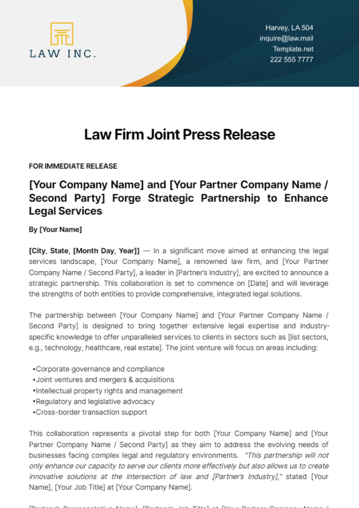 Law Firm Joint Press Release Template