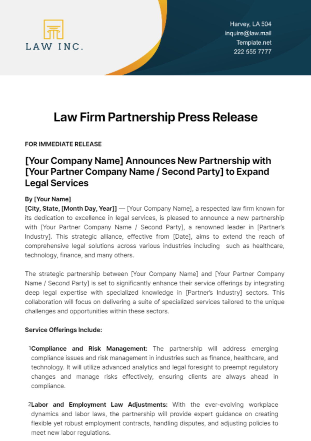 Law Firm Partnership Press Release Template