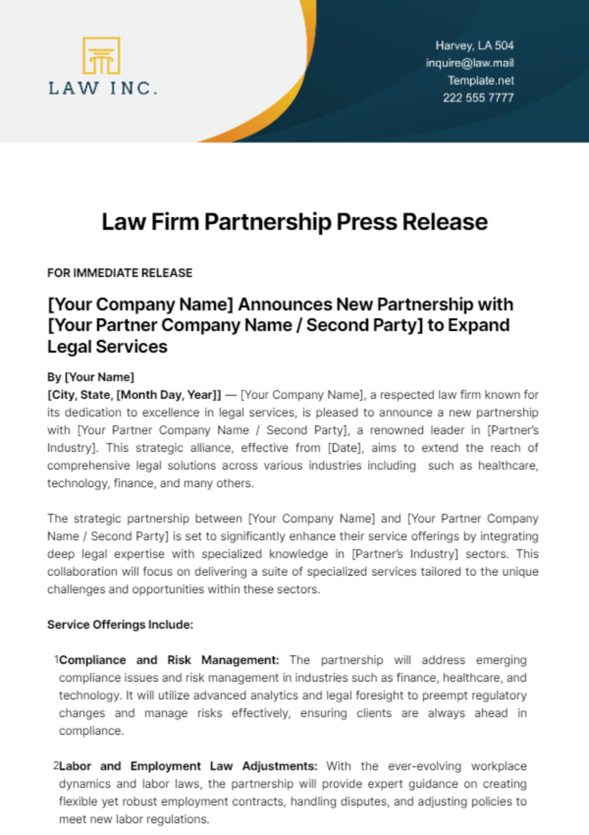 Law Firm Partnership Press Release Template - Edit Online & Download