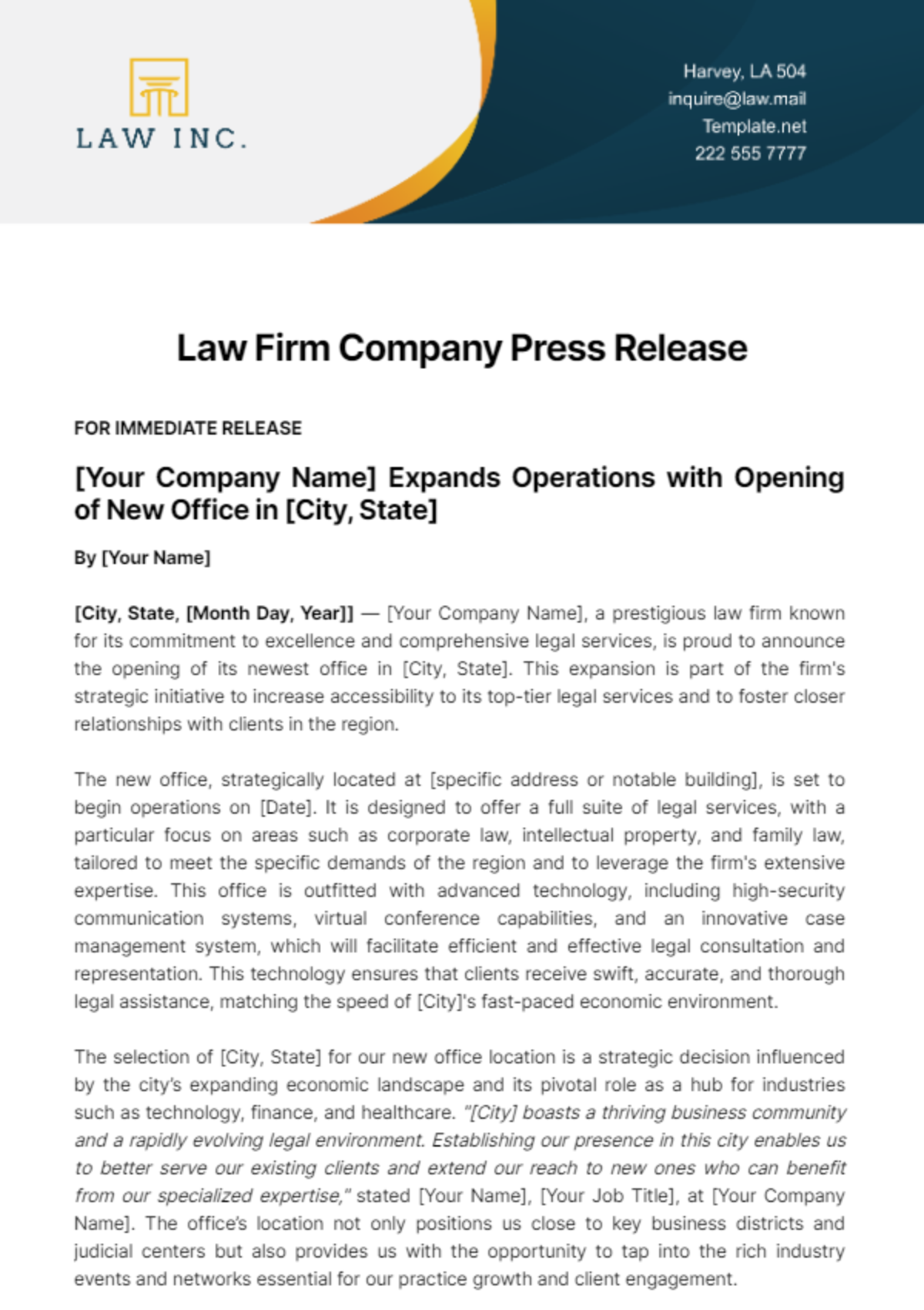 Law Firm Company Press Release Template