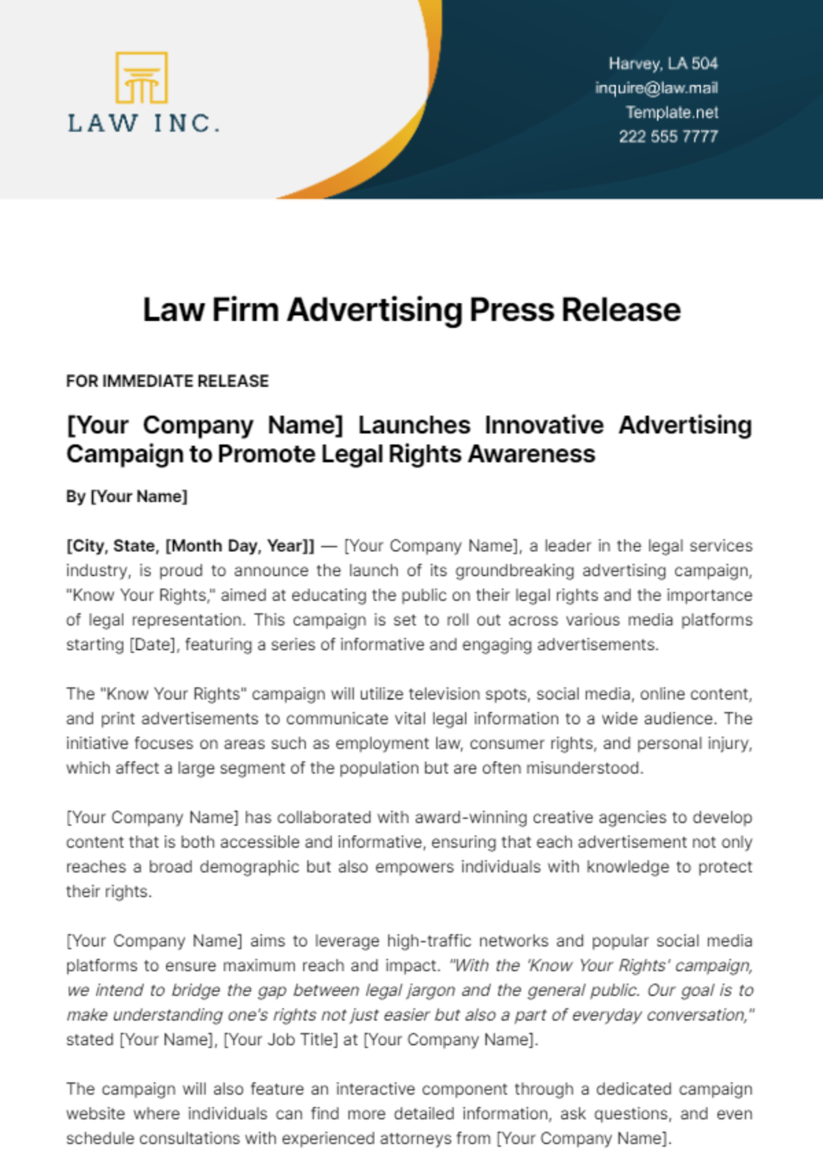 Law Firm Advertising Press Release Template - Edit Online & Download