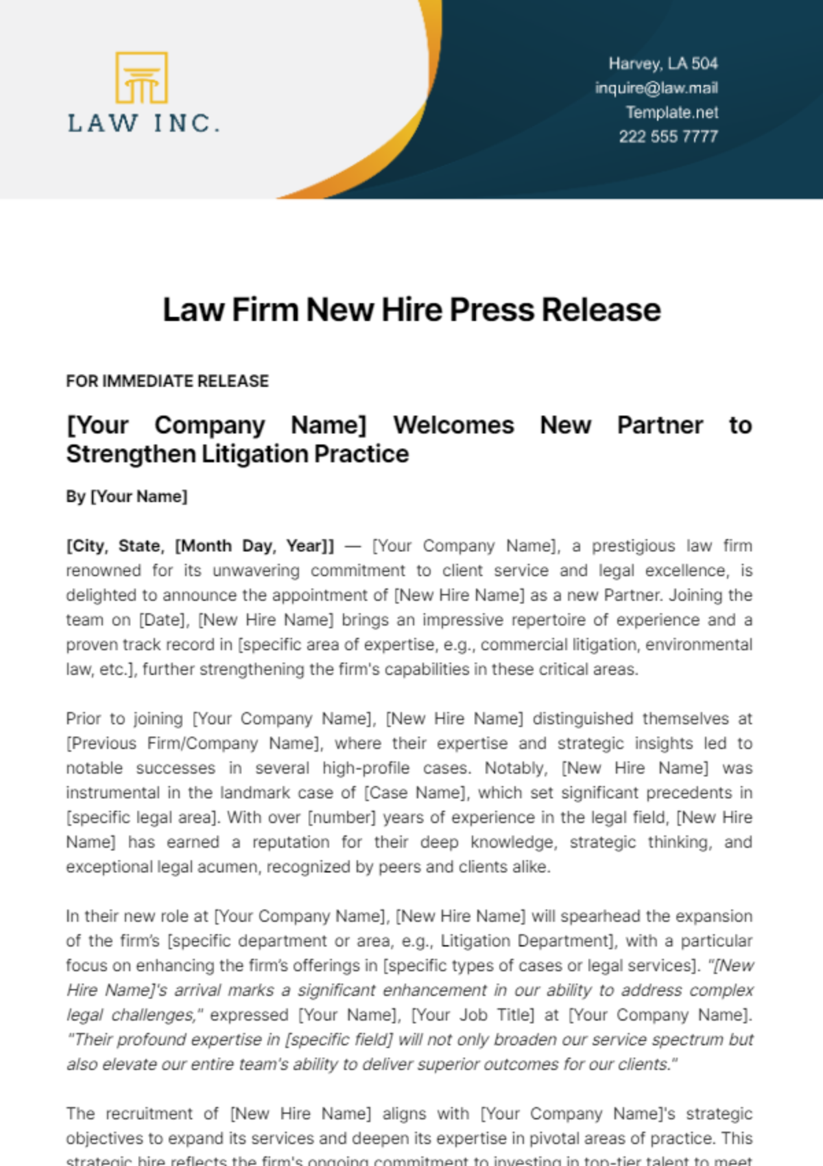 Law Firm New Hire Press Release Template