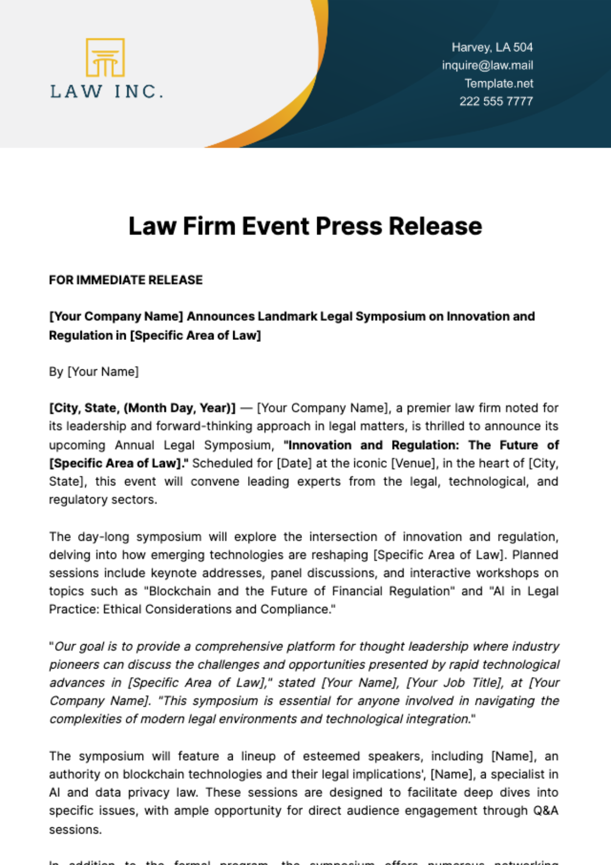 Free Law Firm Event Press Release Template