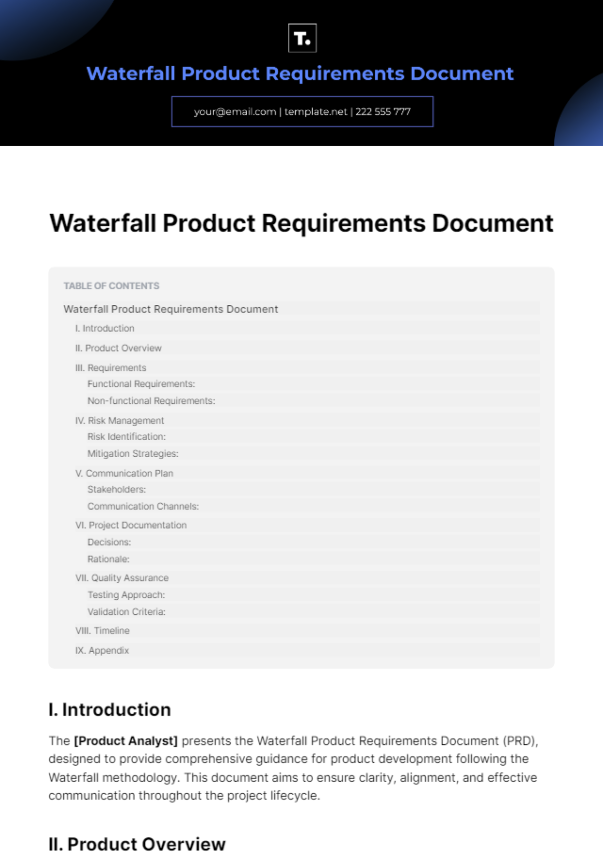 Waterfall Product Requirements Document Template
