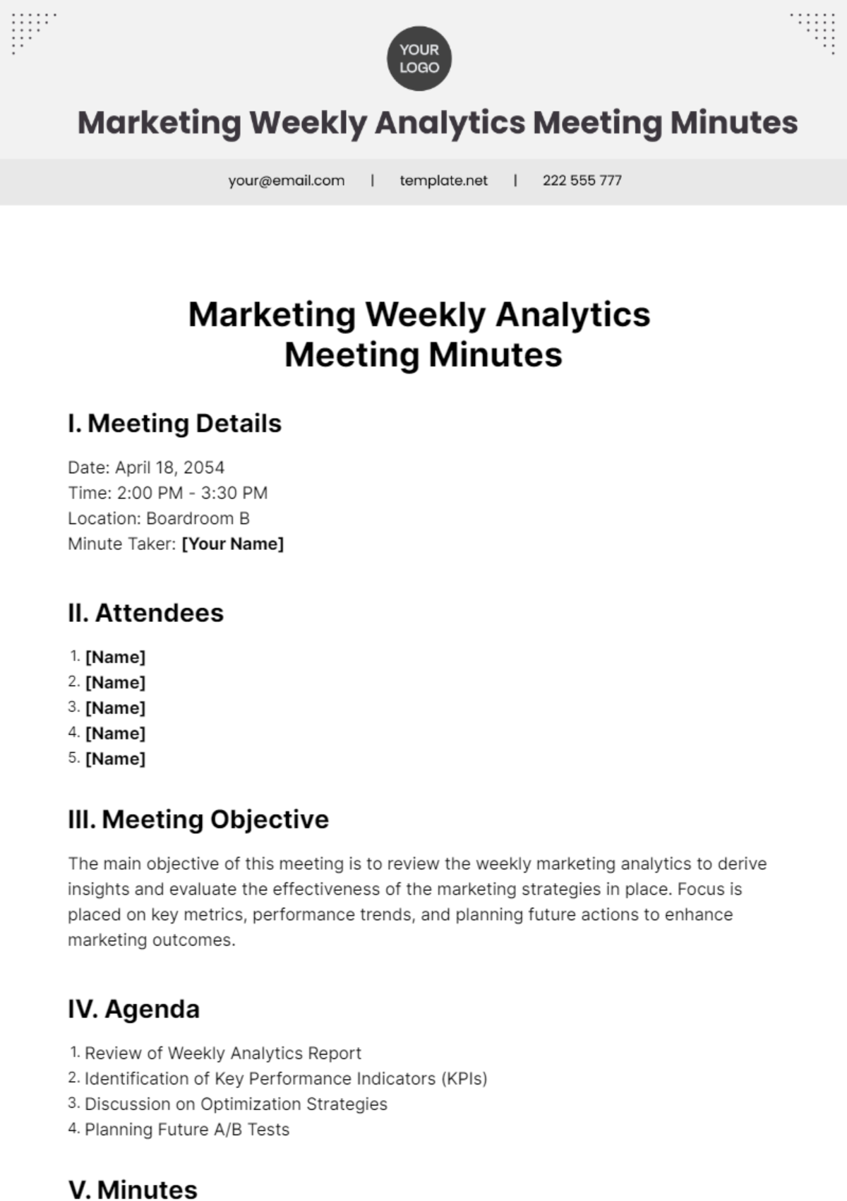 Marketing Weekly Analytics Meeting Minutes Template